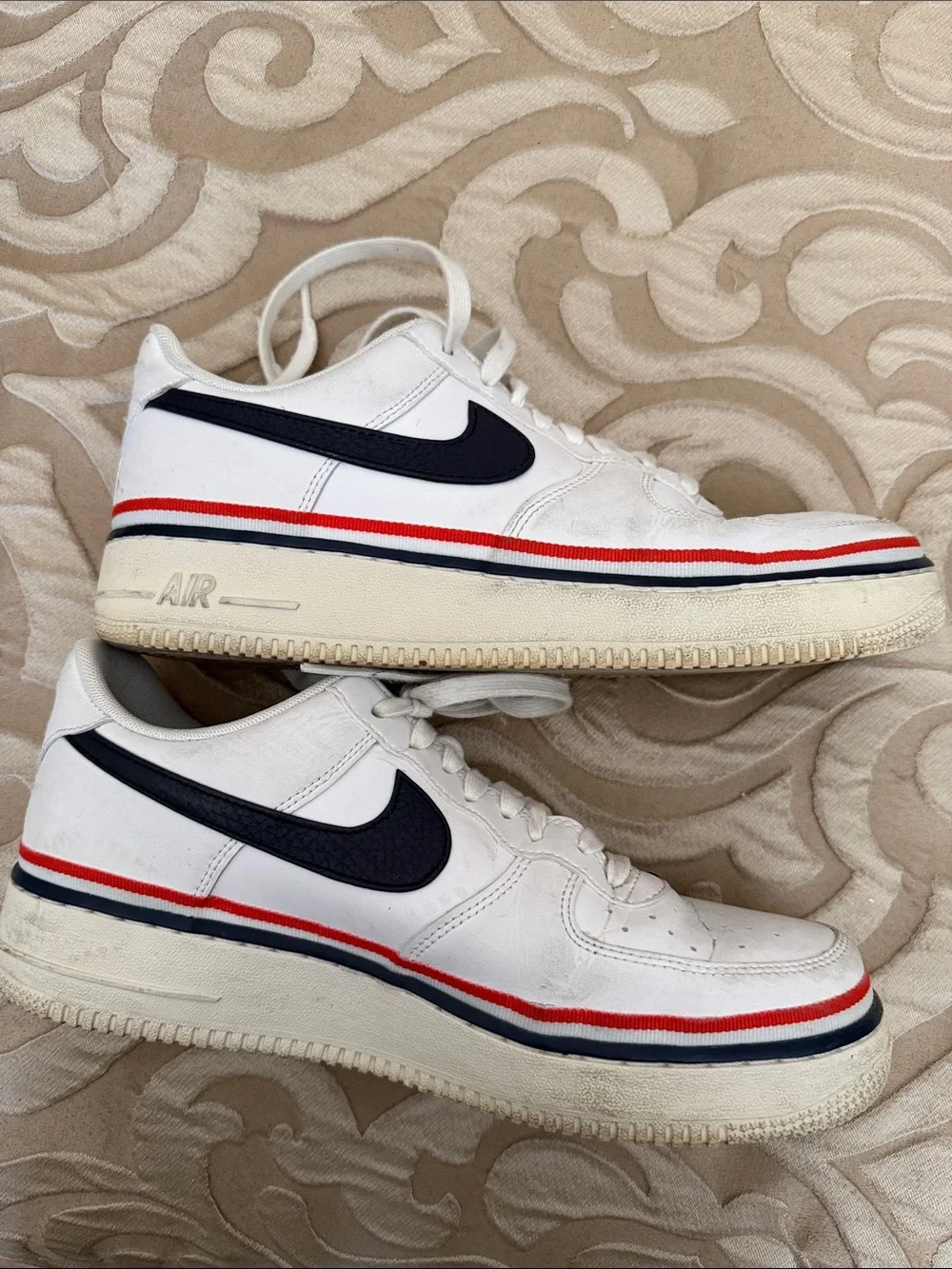 Nike Men’s White Sneakers with Navy Swoosh & Red Trim